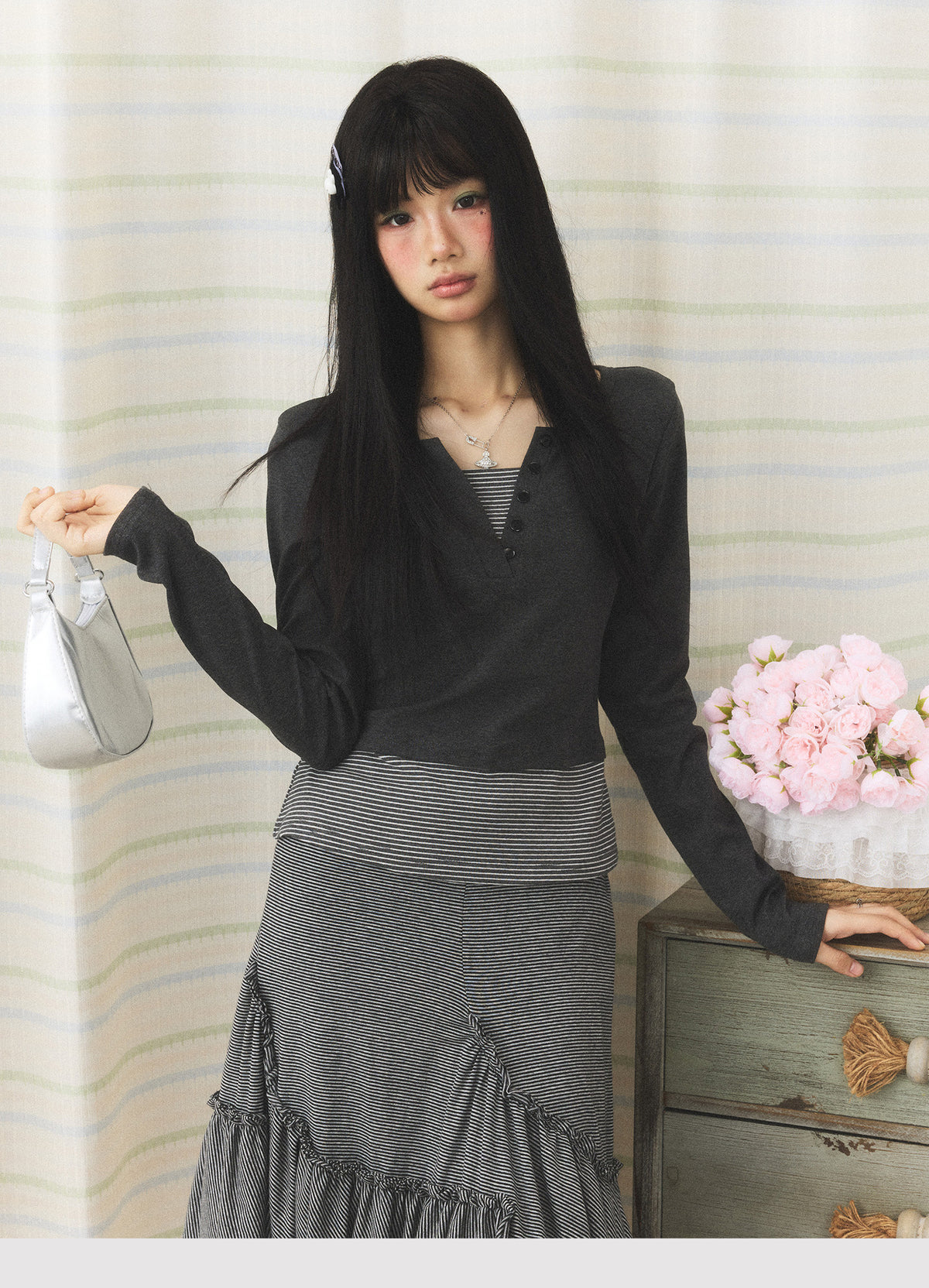 Striped Faux-Layer Halter Long Sleeve Top