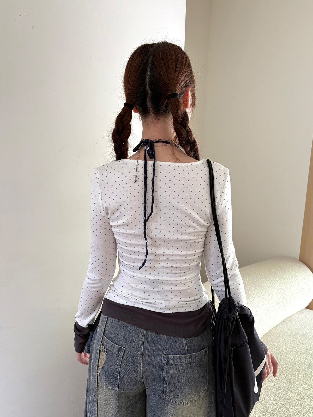 Polka Dot Cowl Neck Faux-Layer Graphic Long Sleeve Top