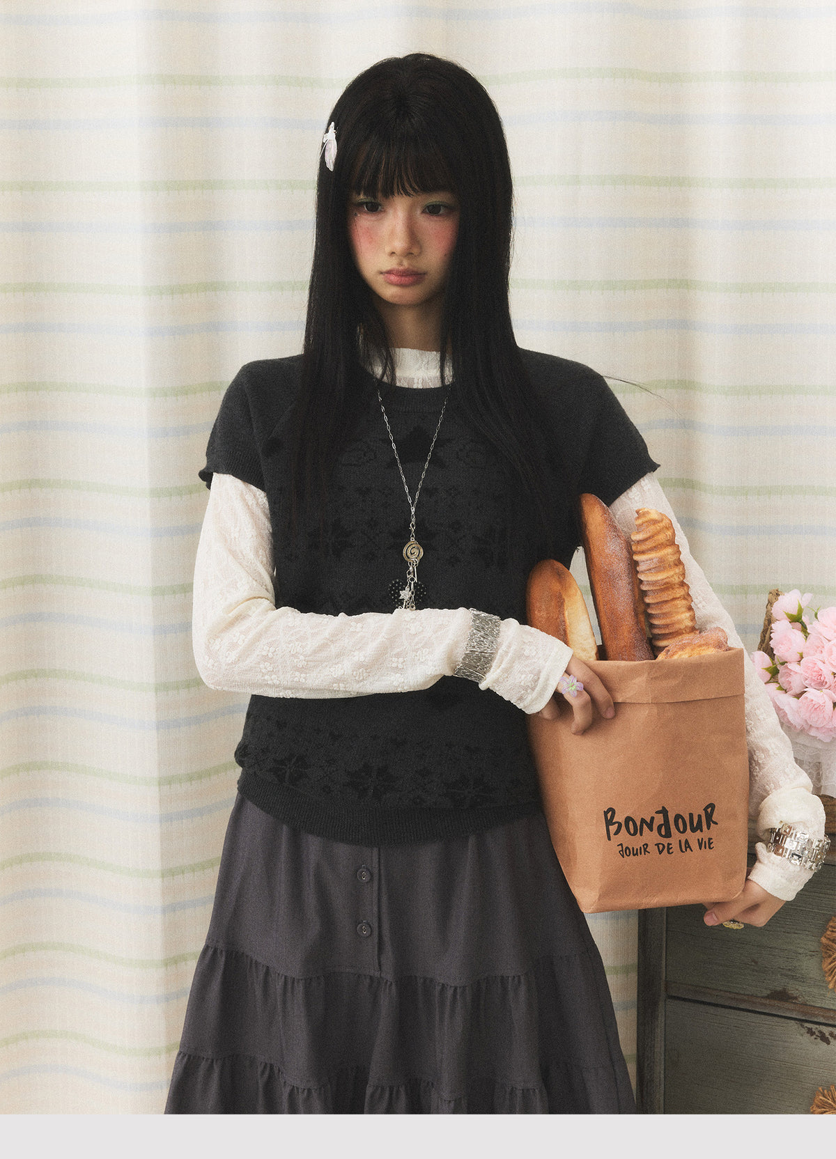 Floral Lace Long Sleeve & Jacquard Knit Short Sleeve Top