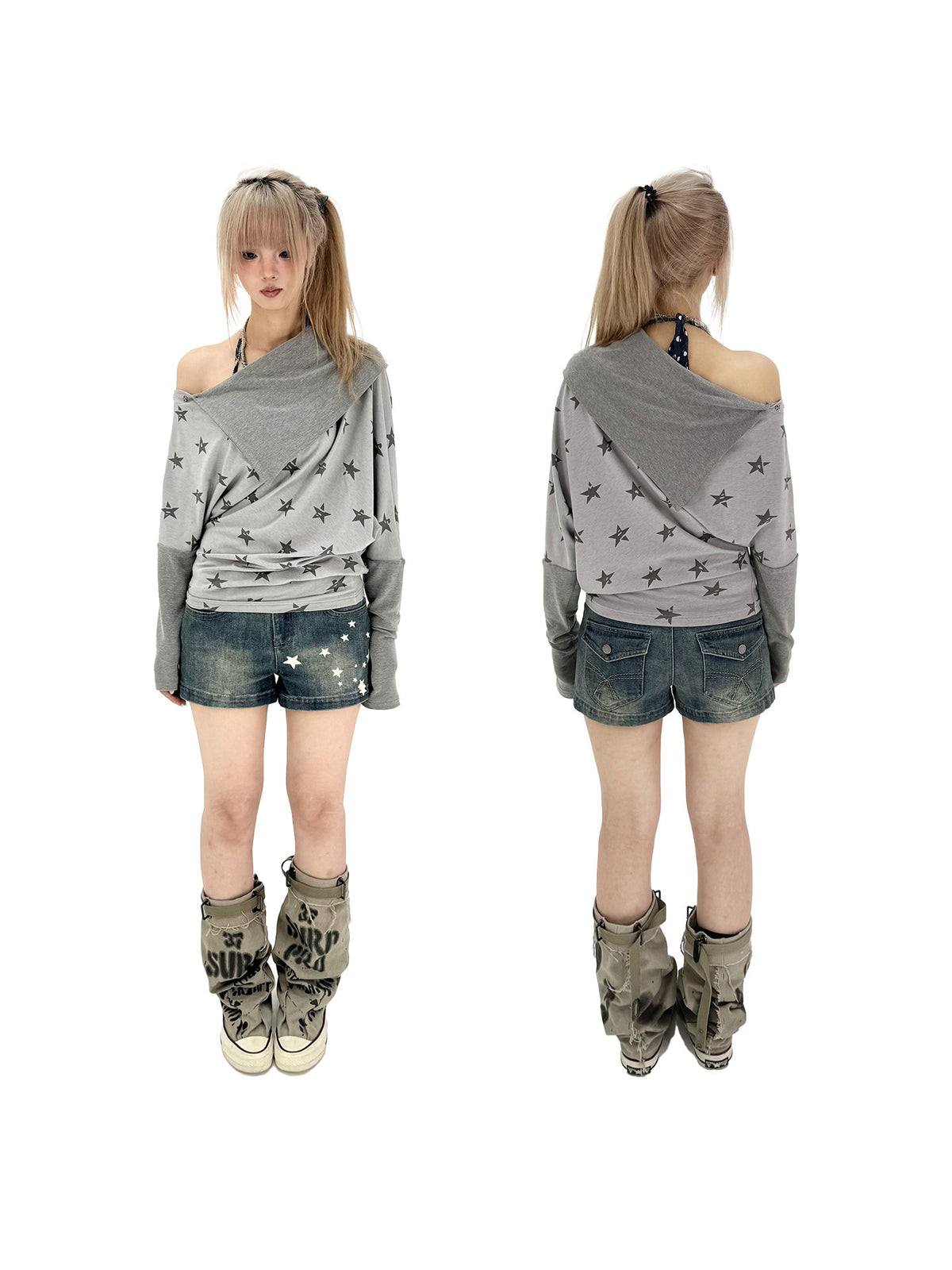 Star Print Draped Off-Shoulder Long Sleeve Top