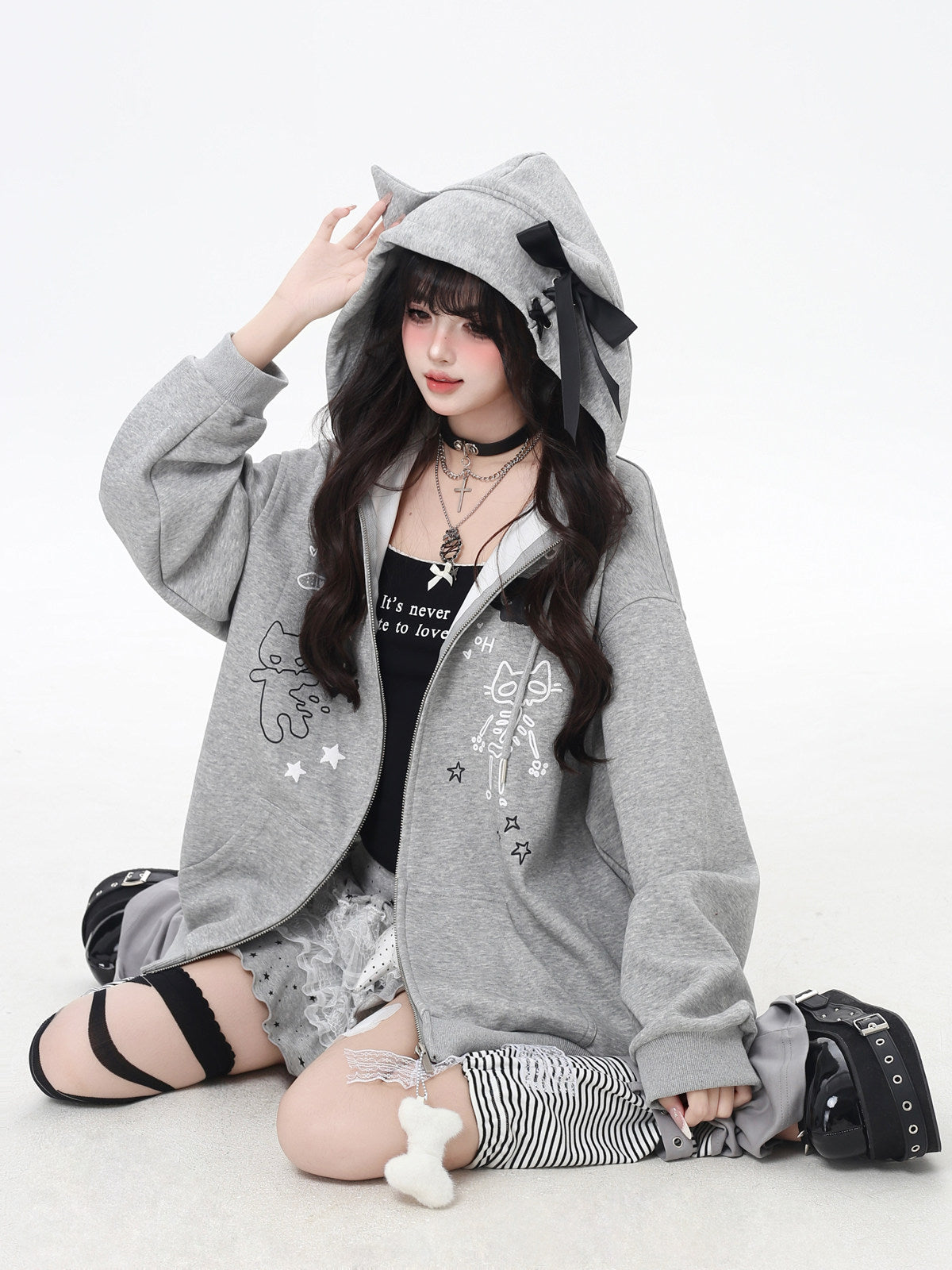 Cat Ear Bow Graphic Zip Hoodie
