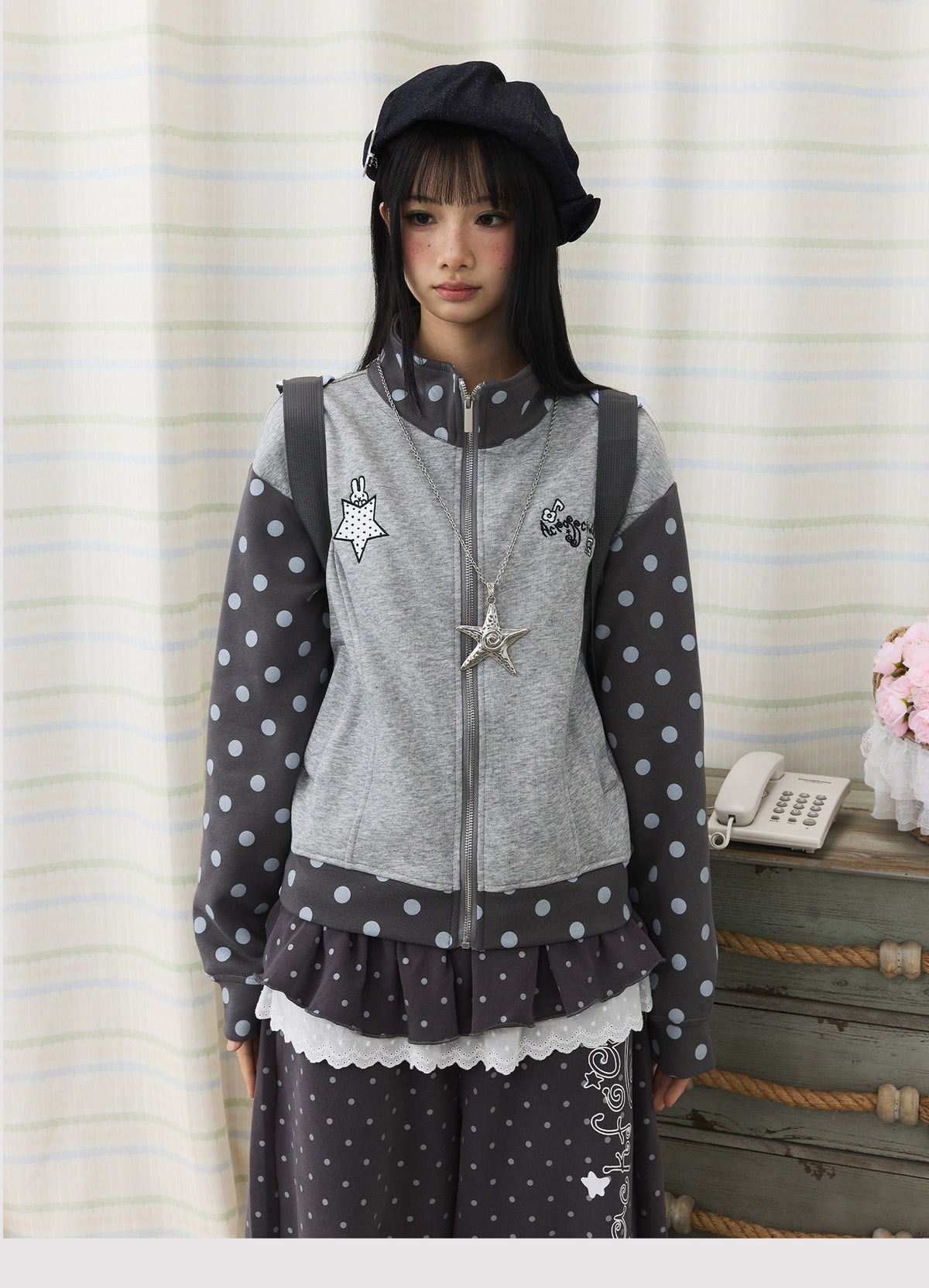 Polka Dot Contrast Embroidered Zip-Up Jacket