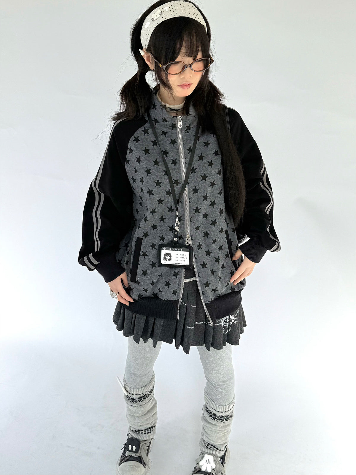 Charcoal Star Double-Zip Mock Neck Jacket