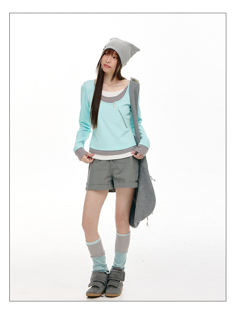 Triple-Layer Polka Dot Asymmetric Zip Long Sleeve Top