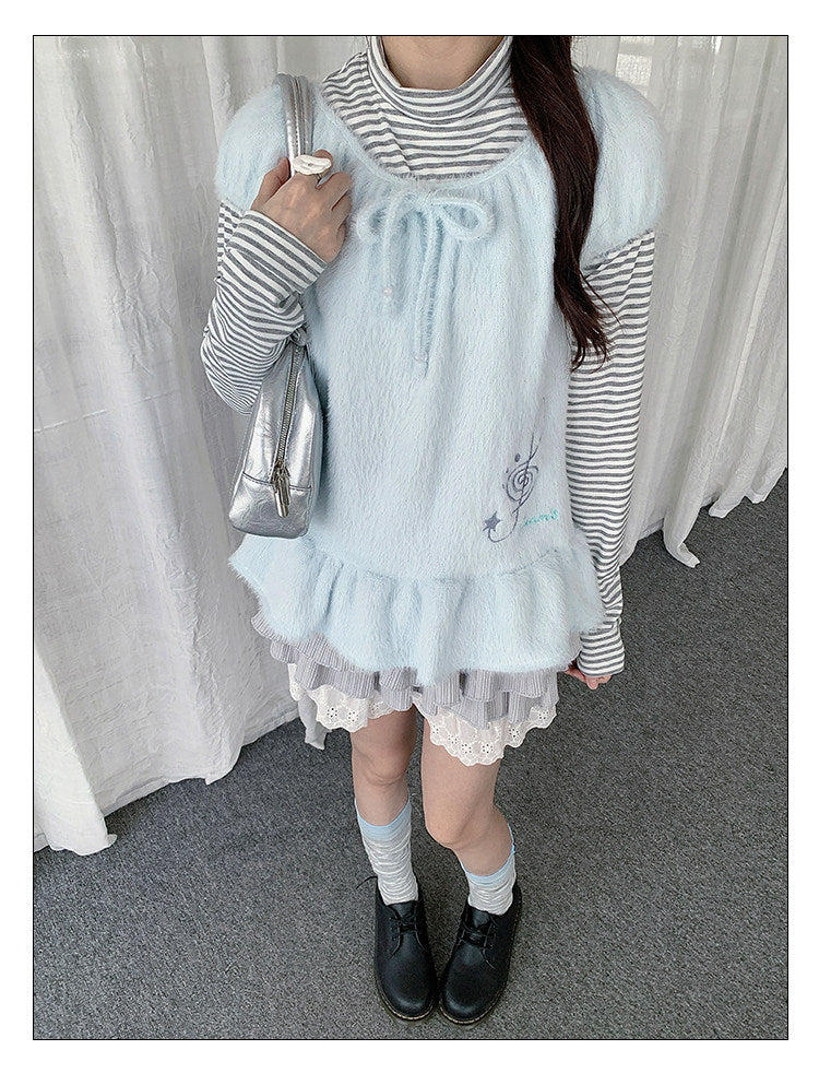 Fuzzy Ruffle Layered Two-Piece Long Sleeve Top Set