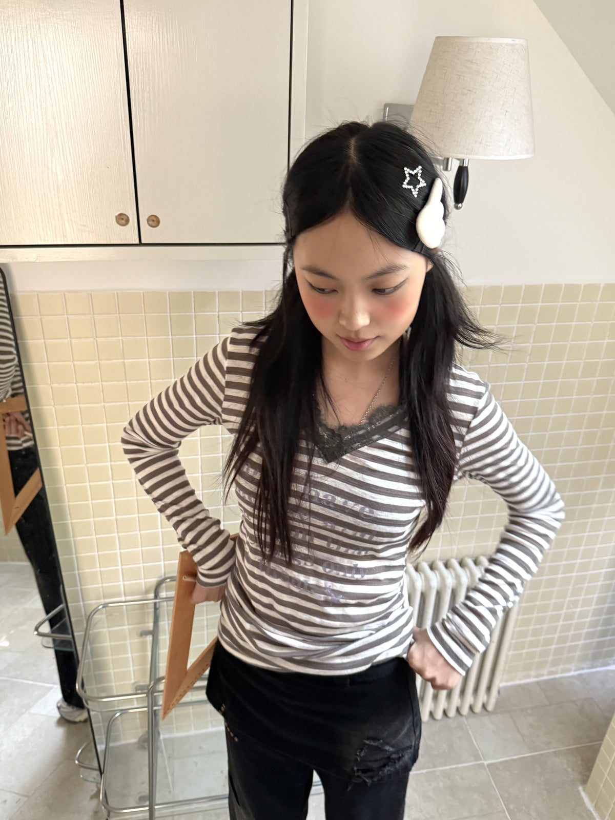 Gray Stripe Lace V-Neck Graphic Long Sleeve Tee