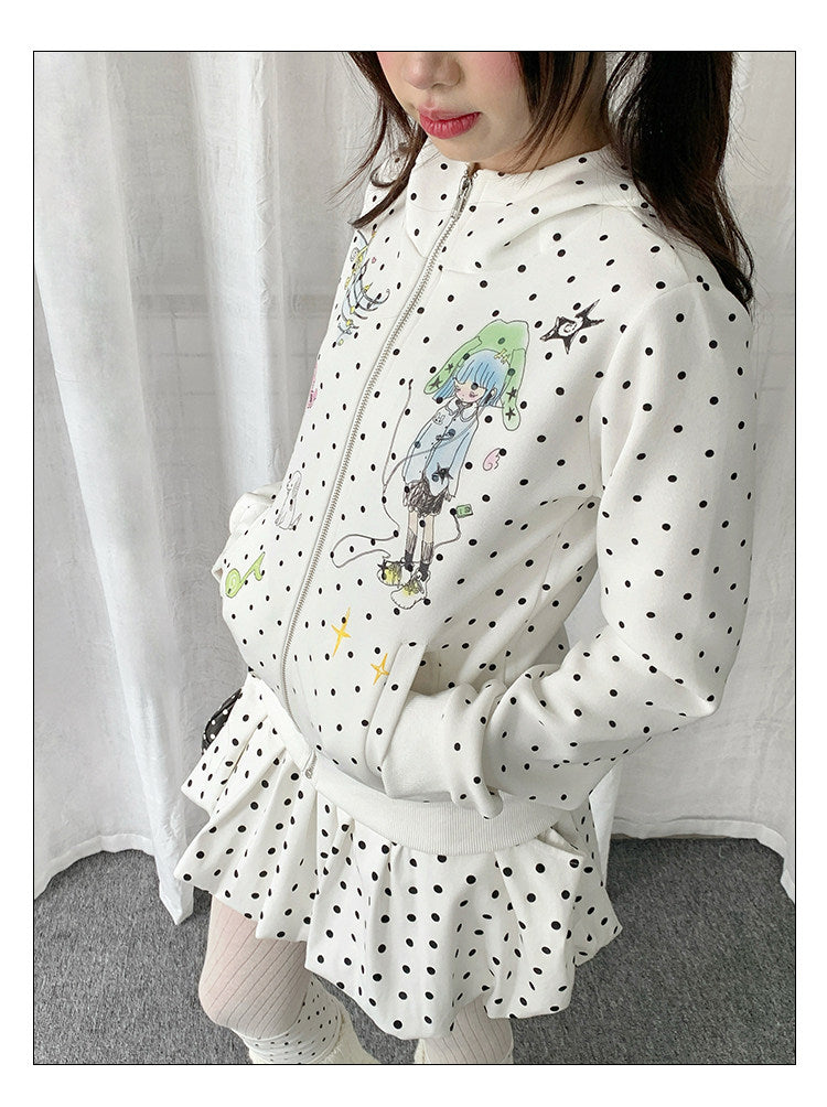 Polka Dot Devil-Horn Cartoon Girl Zip Hoodie