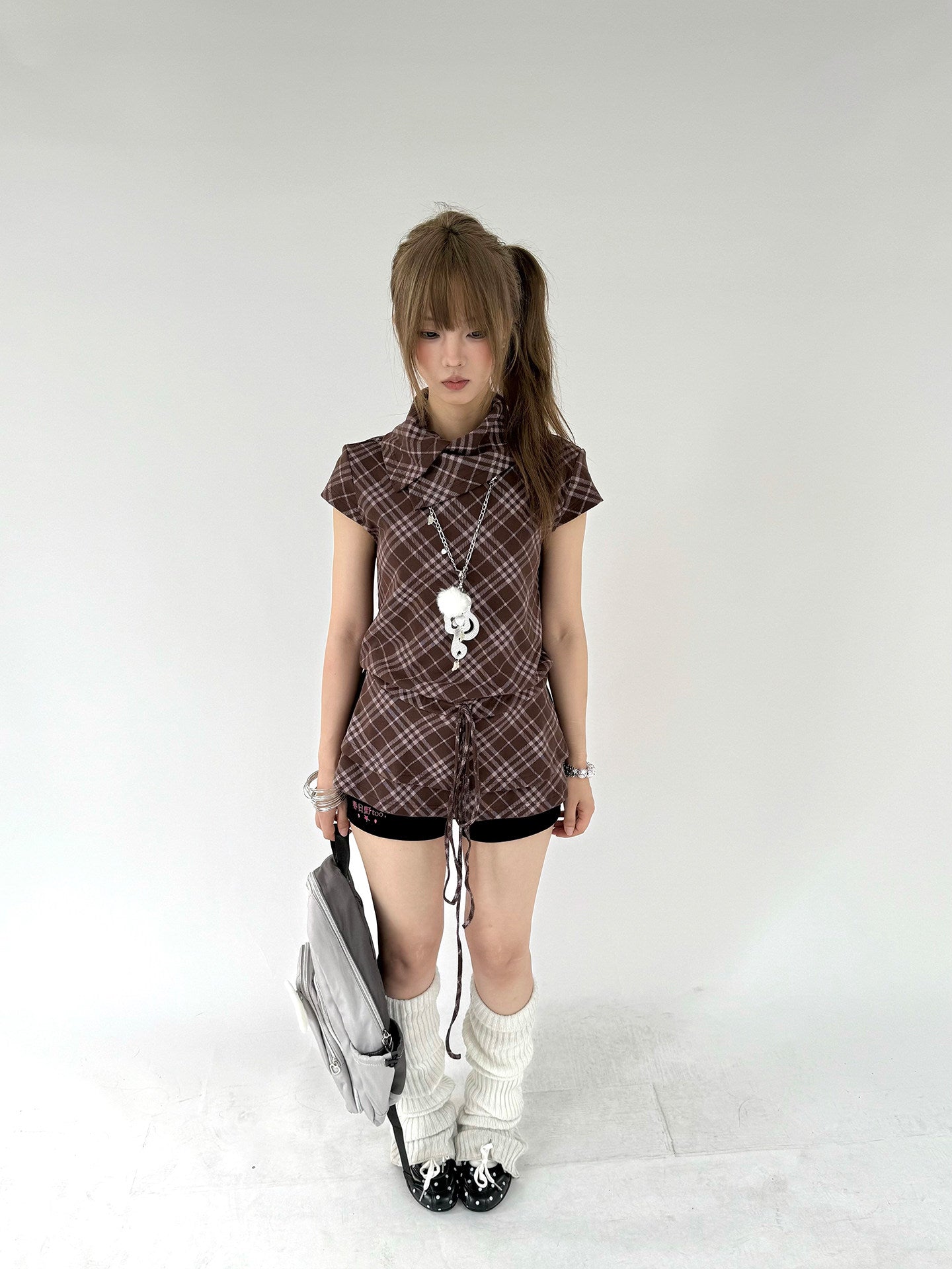 Brown Plaid Drawstring Ruffle-Collar Tunic Top