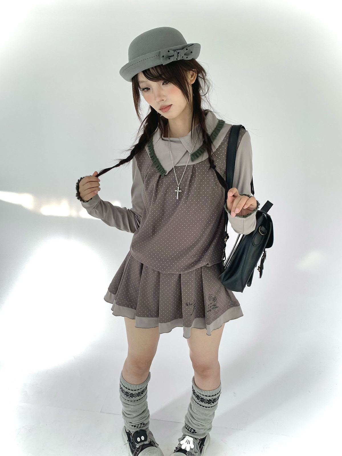 Gray Khaki Polka Dot Faux-Layer Pleated Mini Dress