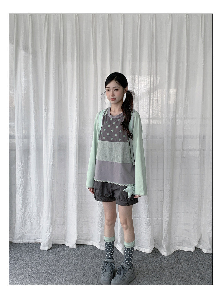 Polka Dot Stripe Lace-Trim Patchwork Long Sleeve Top