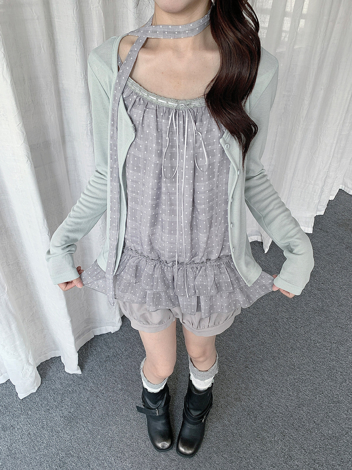 Polka Dot Lace Trim Cami & Cardigan Set