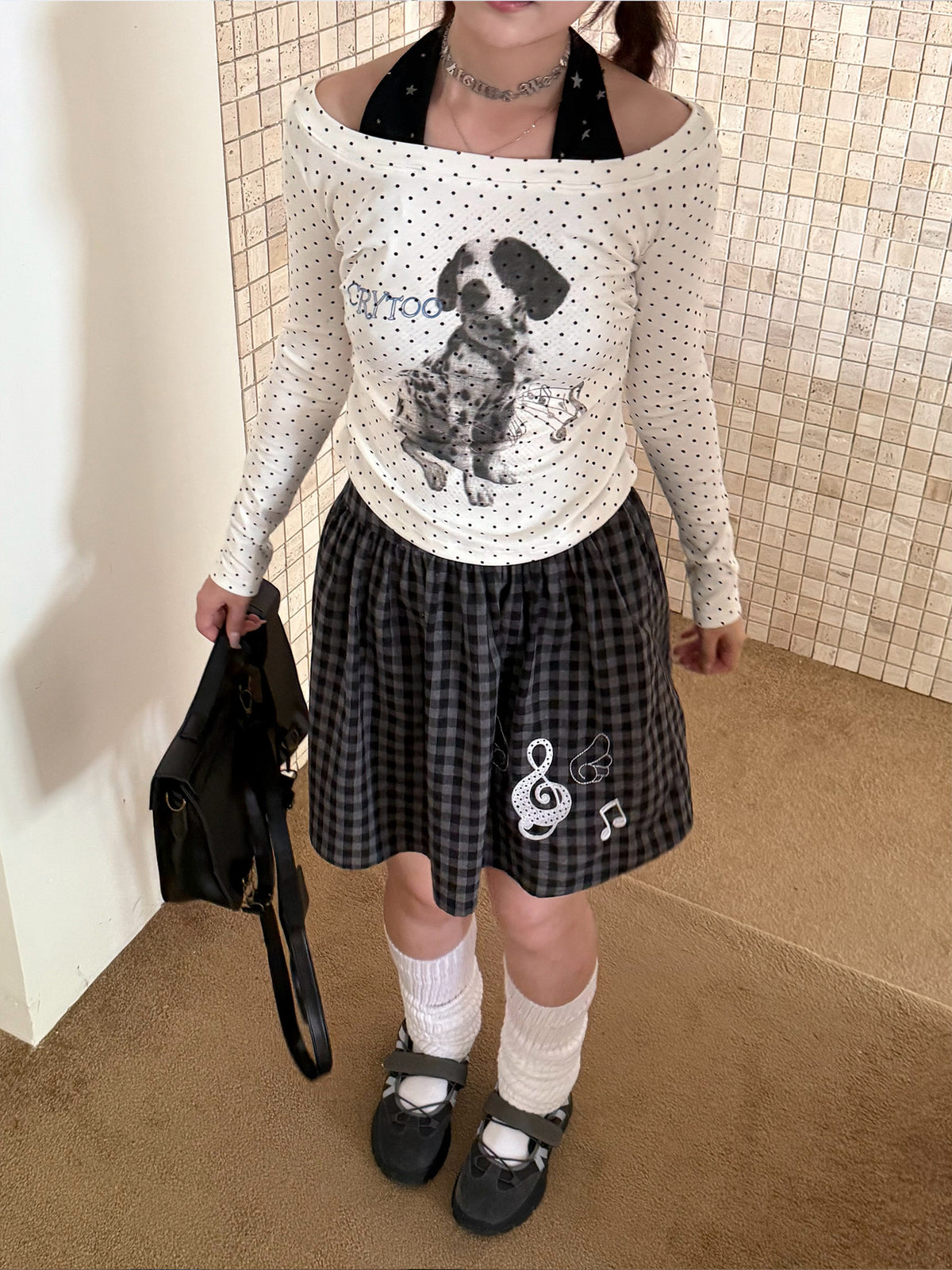 White Polka Dot Puppy Off-Shoulder Long Sleeve Top