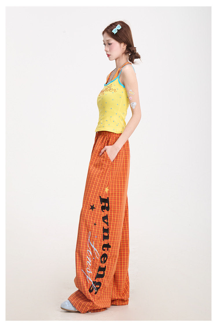 Starry Rhinestone Halter Cami & Plaid Wide-Leg Pants
