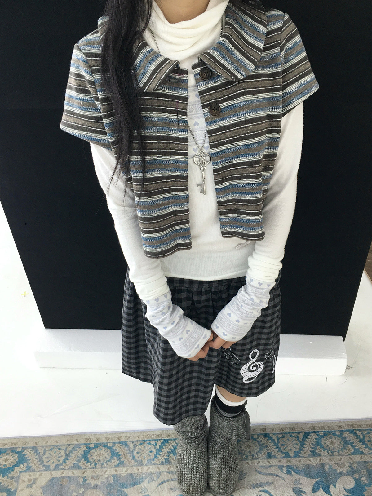 Vintage Blue Stripe Cropped Knit Cardigan Jacket