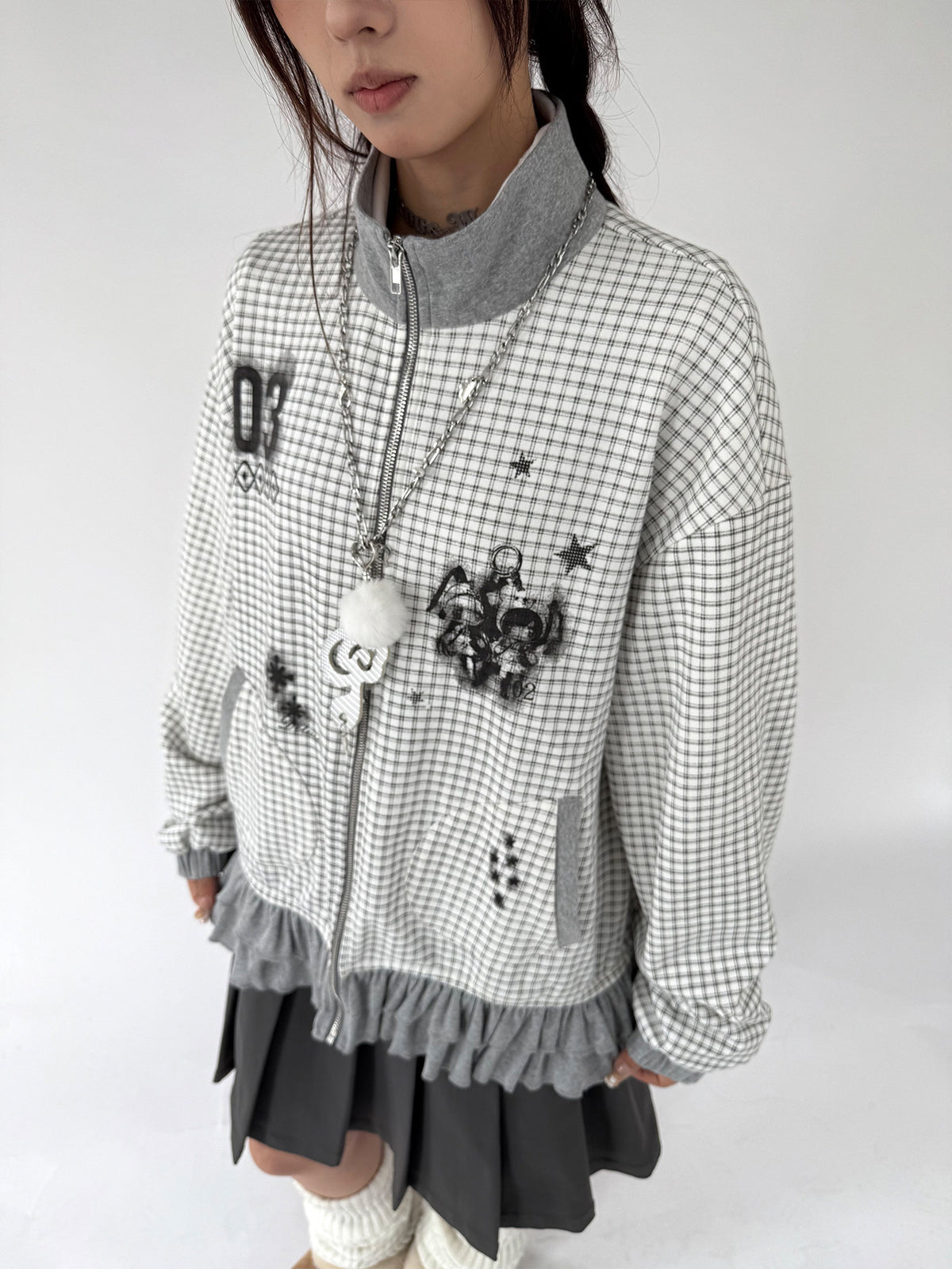 Sugar Check Graphic Ruffle-Hem Zip-Up Jacket