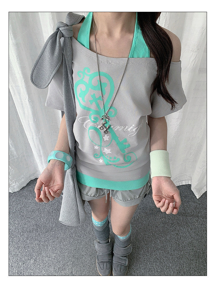 Off-Shoulder Layered Halter Tee