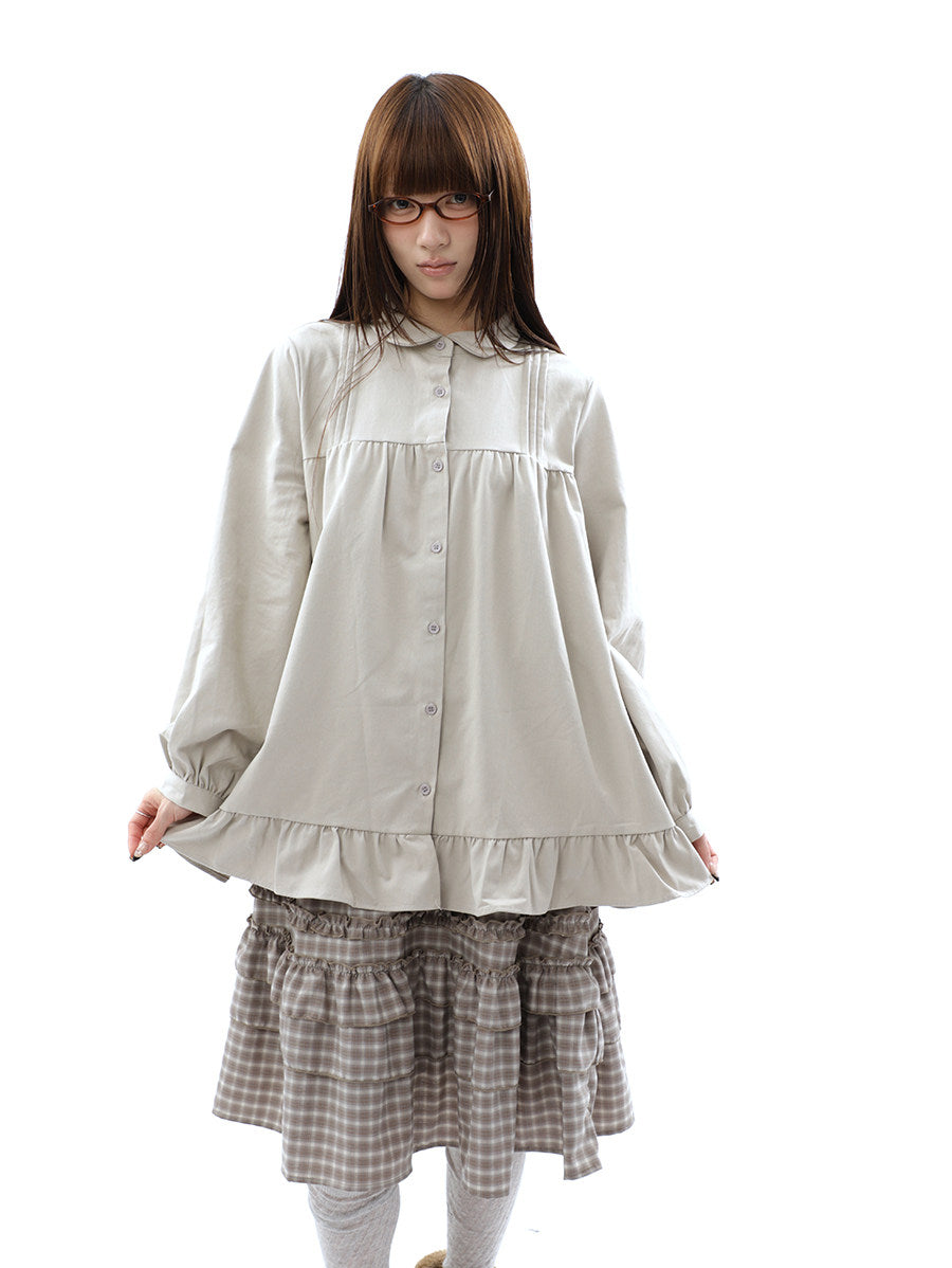 Pleated Ruffle Hem Button-Up Long Sleeve Blouse