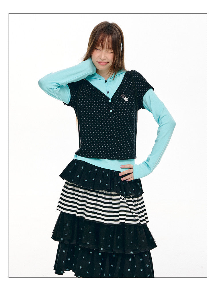 Polka Dot Faux-Layer Hooded Long Sleeve Top