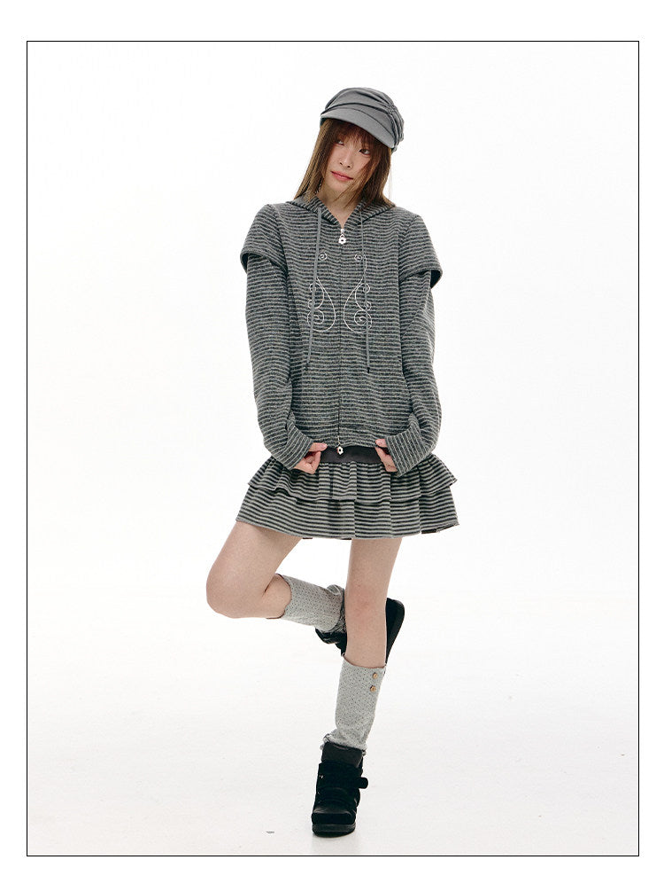 Charcoal Stripe Music Note Faux-Layer Zip Hoodie