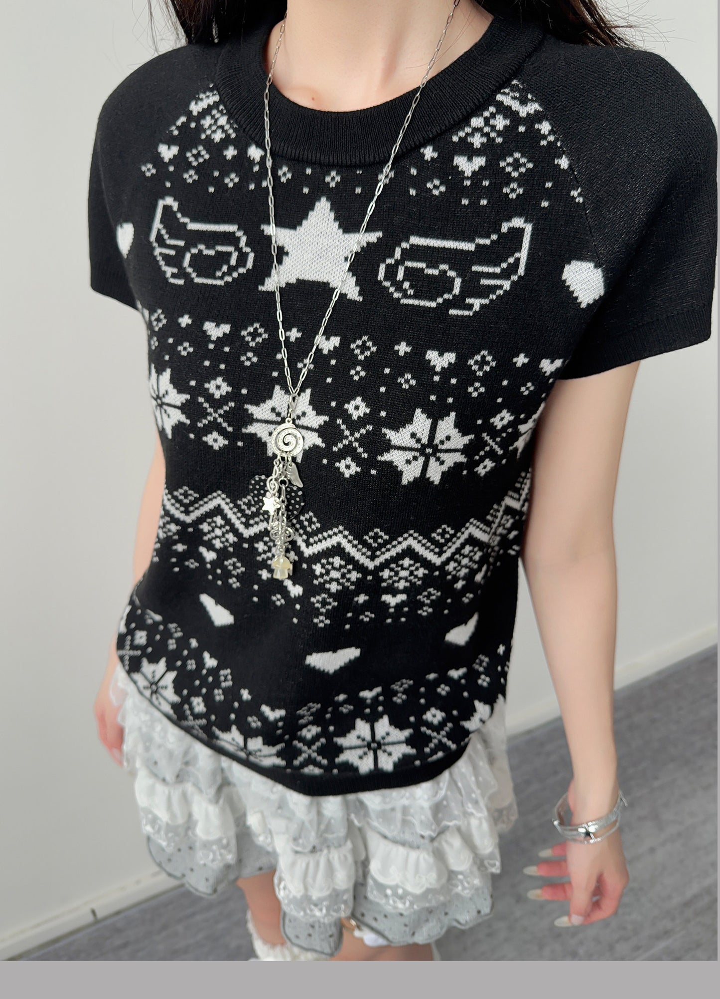 Star Wing Fair Isle Short-Sleeve Knit Top
