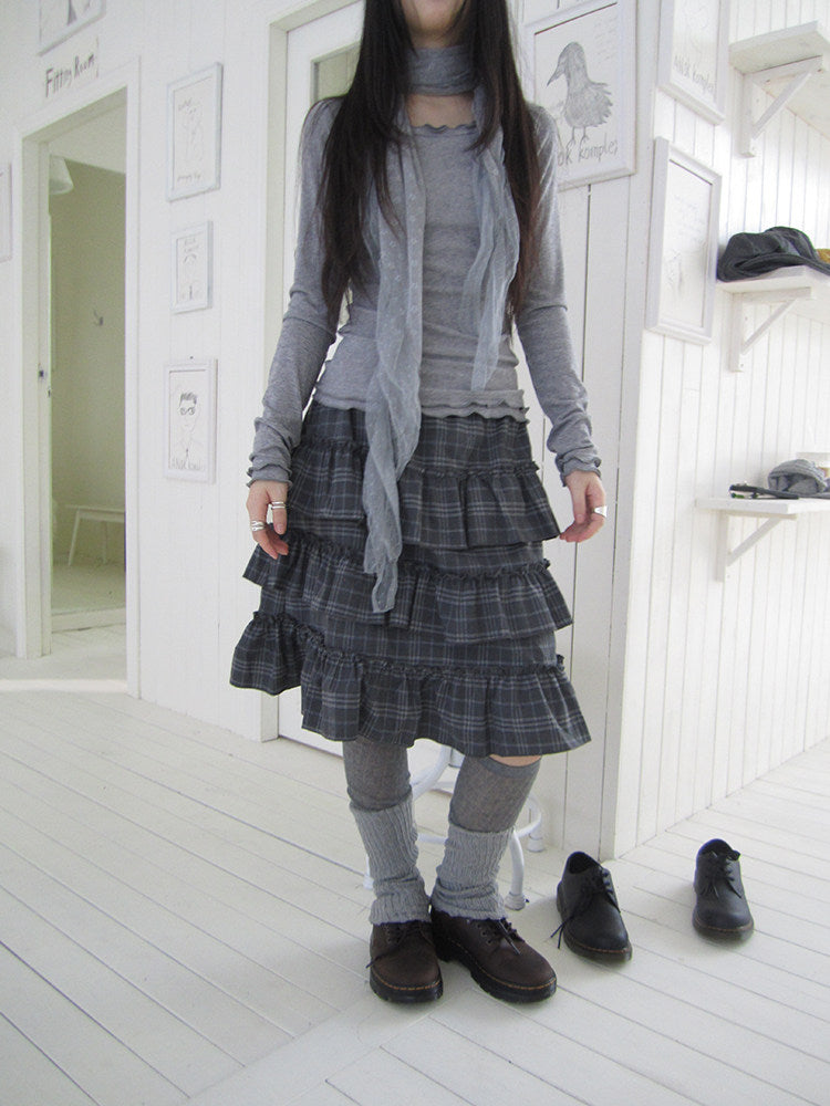 Vintage Gray Plaid Tiered Ruffle Skirt