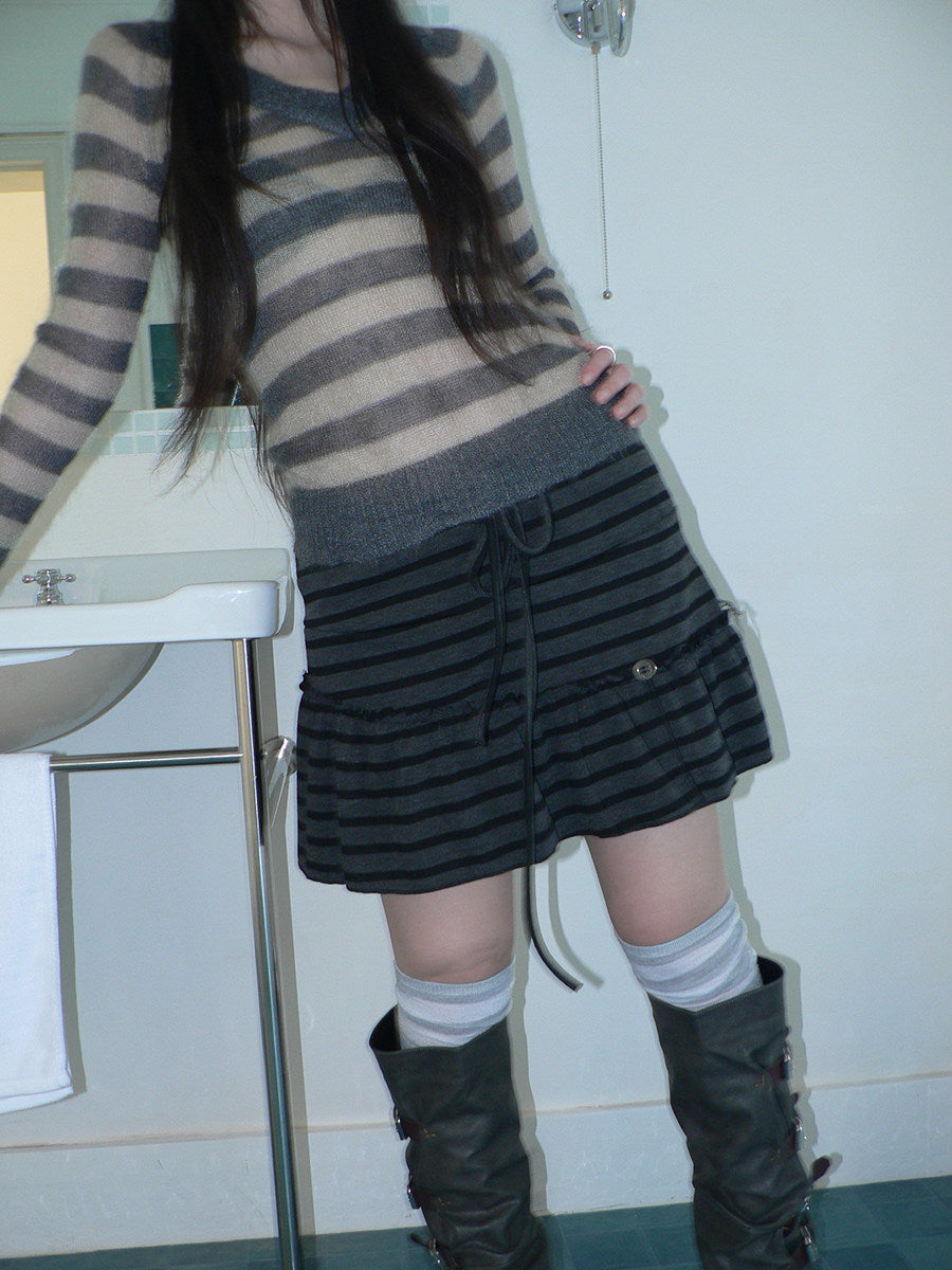 Striped Pleated Tie-Waist Mini Skirt