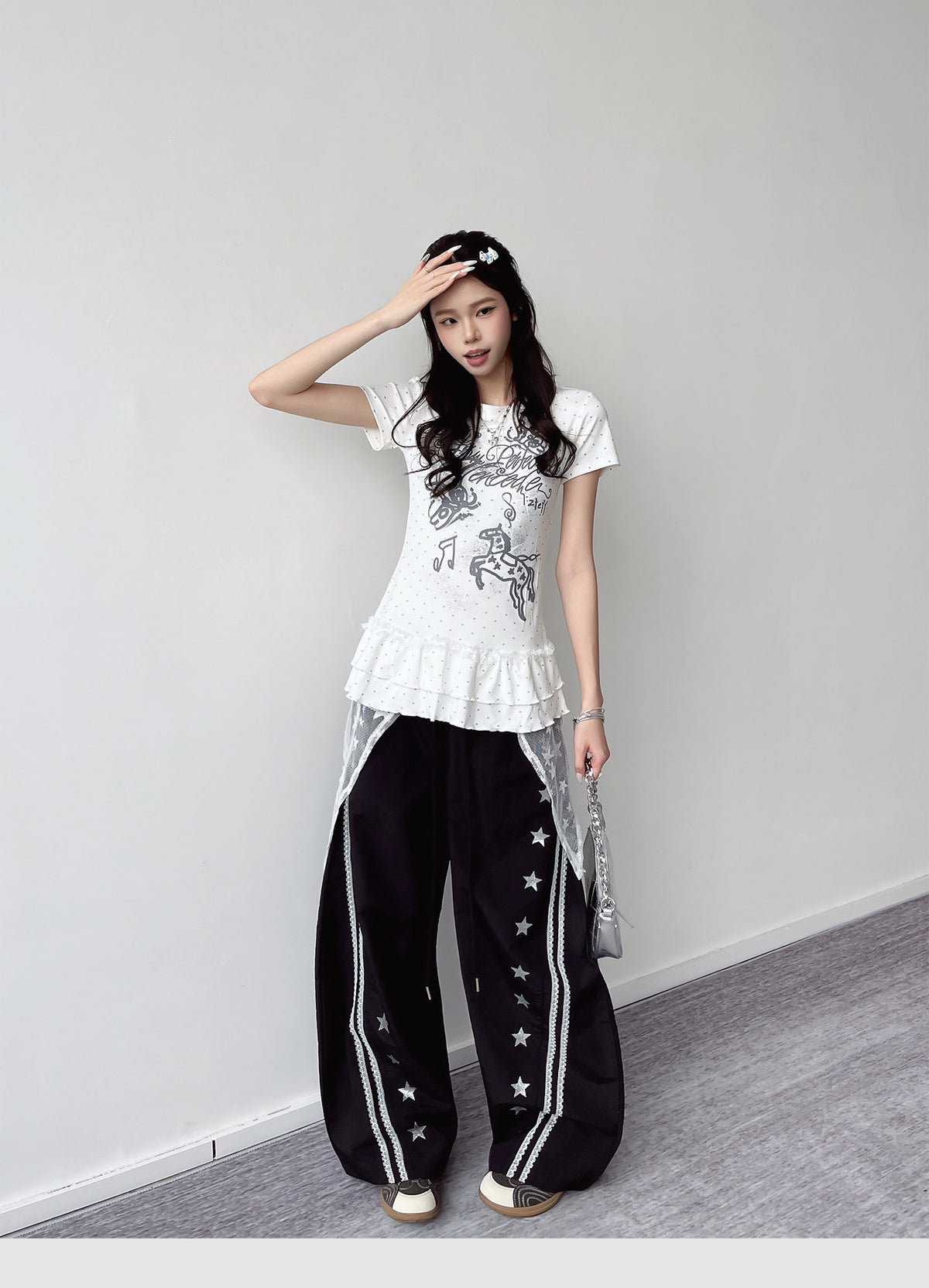 Star Lace Overlay Wide-Leg Parachute Pants