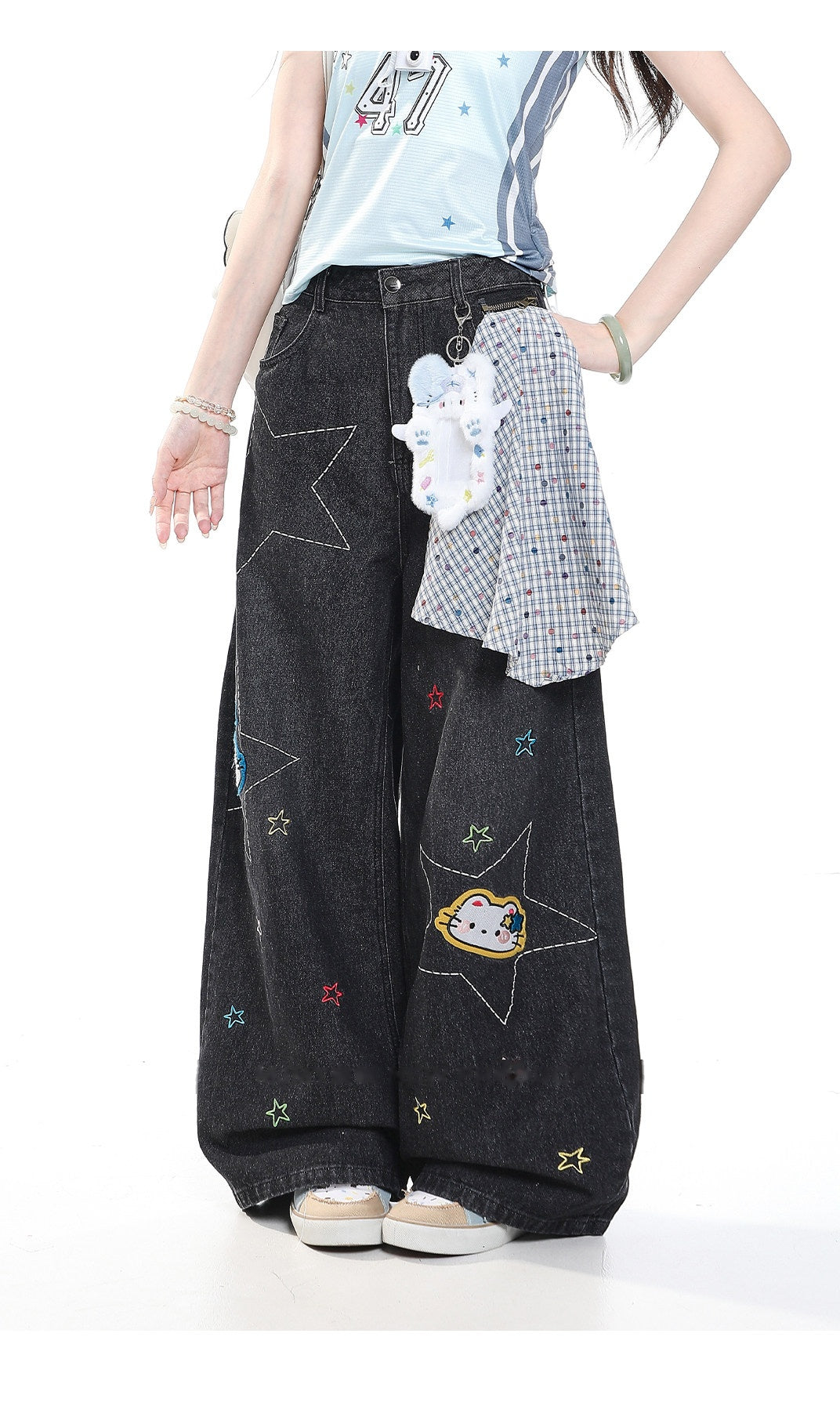 Star Kitty Embroidered Wide-Leg Jeans with Plush Charm