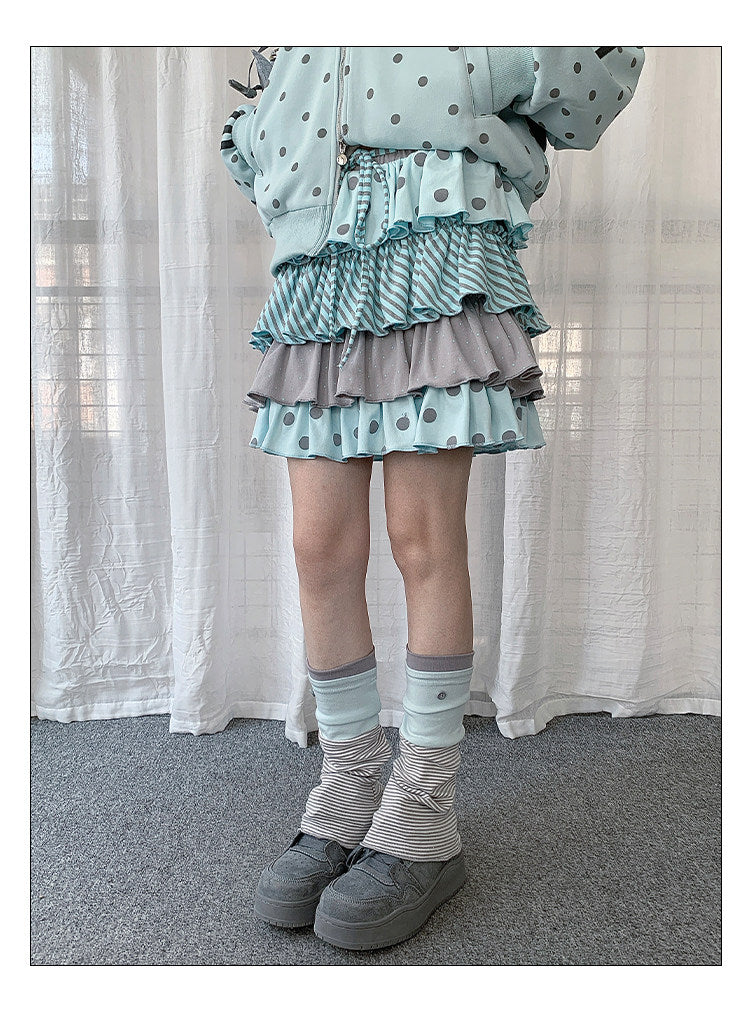 Polka Dot Stripe Tiered Mini Skirt