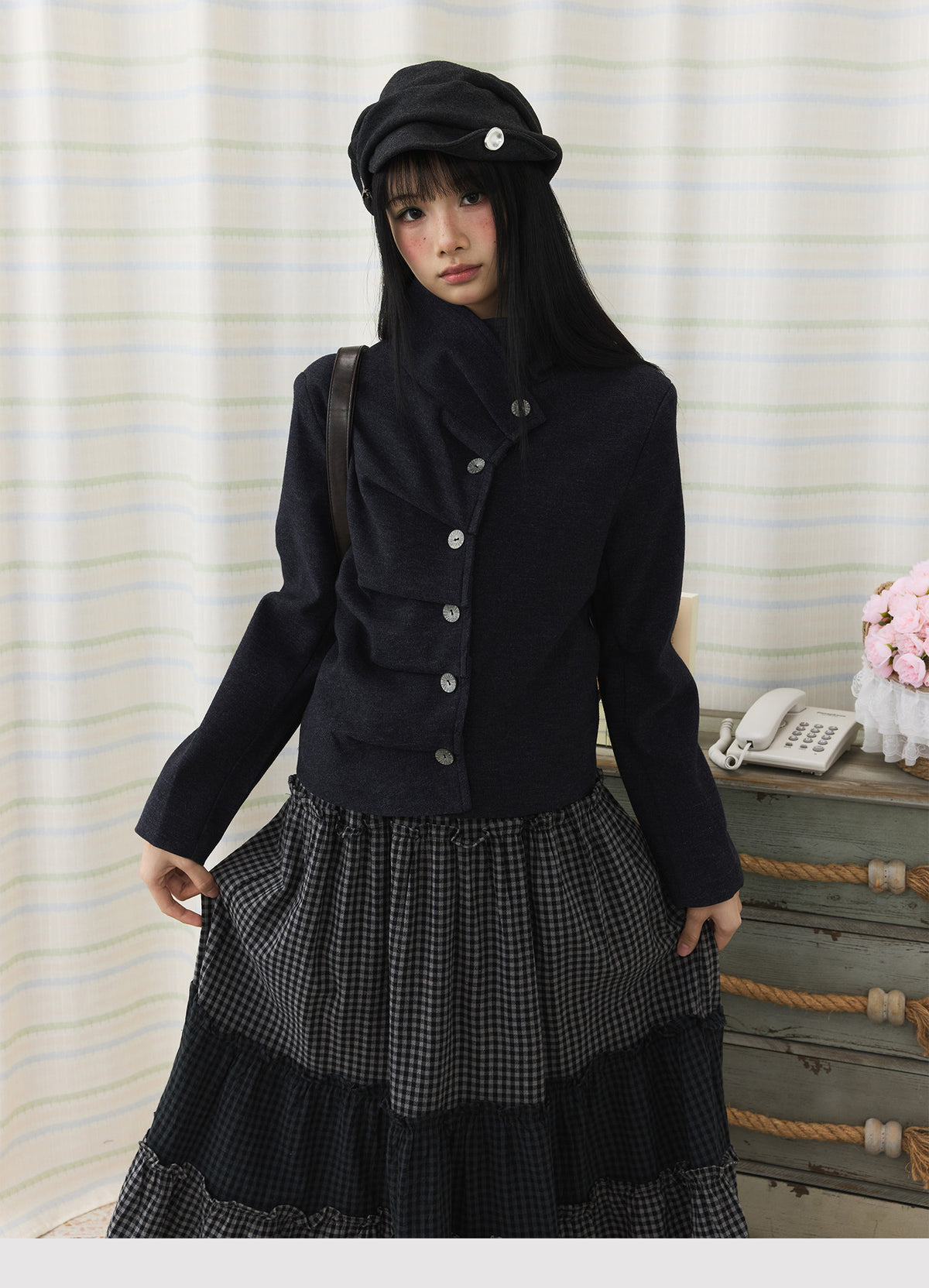 Asymmetric Pleated Collar Cropped Button Jacket