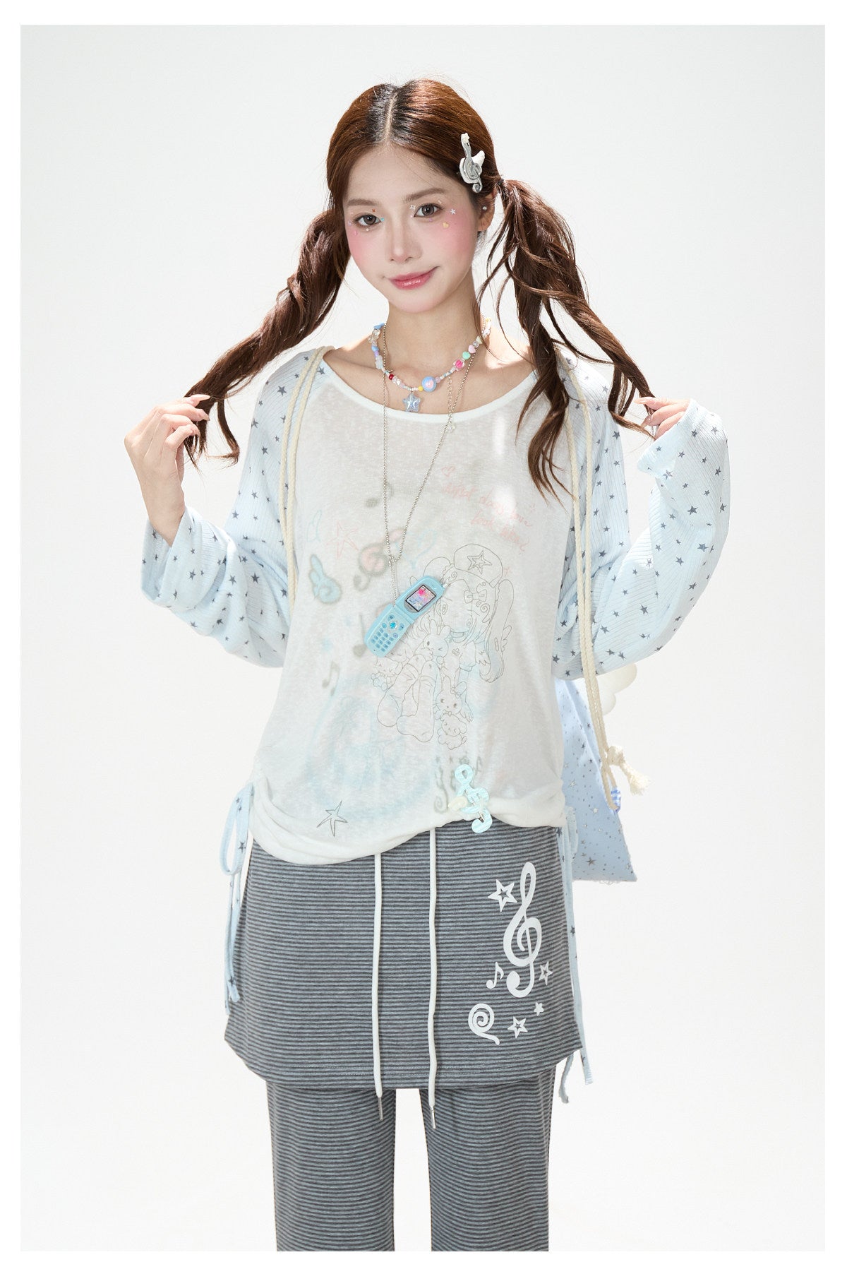 Dreamy Star Raglan Long Sleeve Top & Gray Striped Star Flare Pants