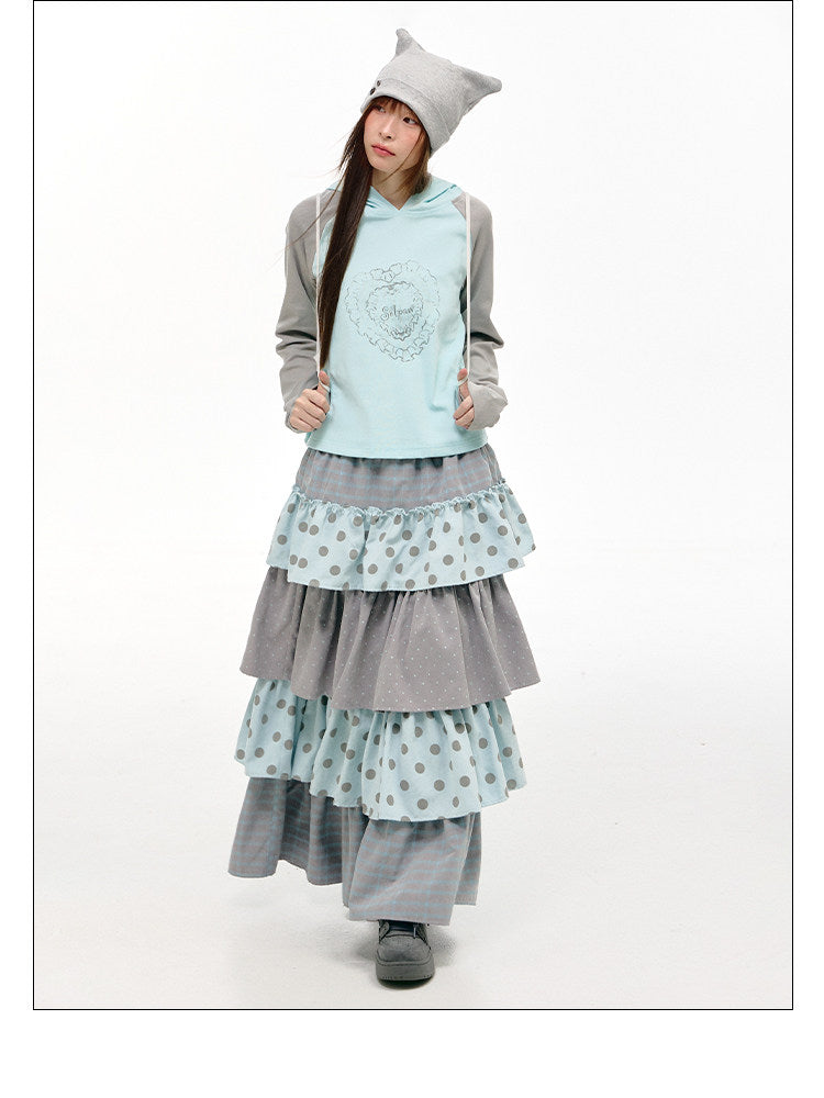 Gray-Blue Polka Dot Tiered Maxi Skirt