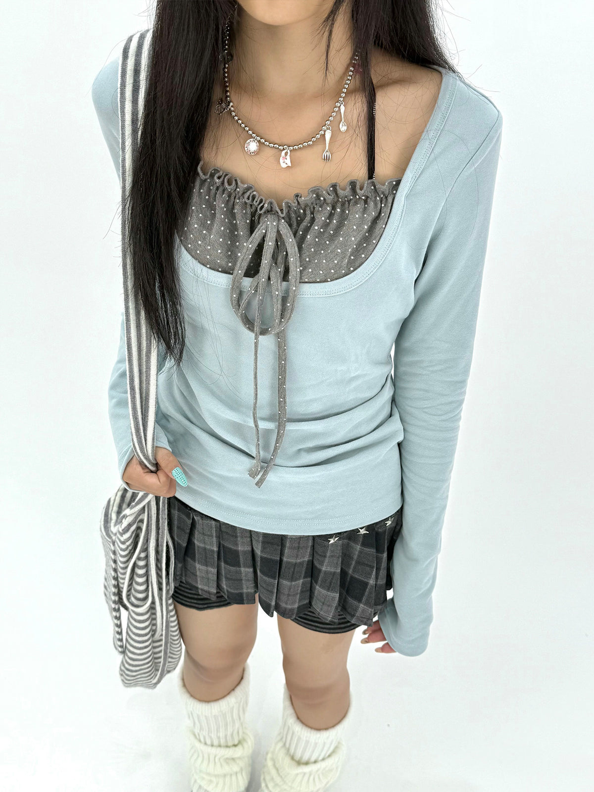 Polka Dot Tie-Front Layered Long Sleeve Top