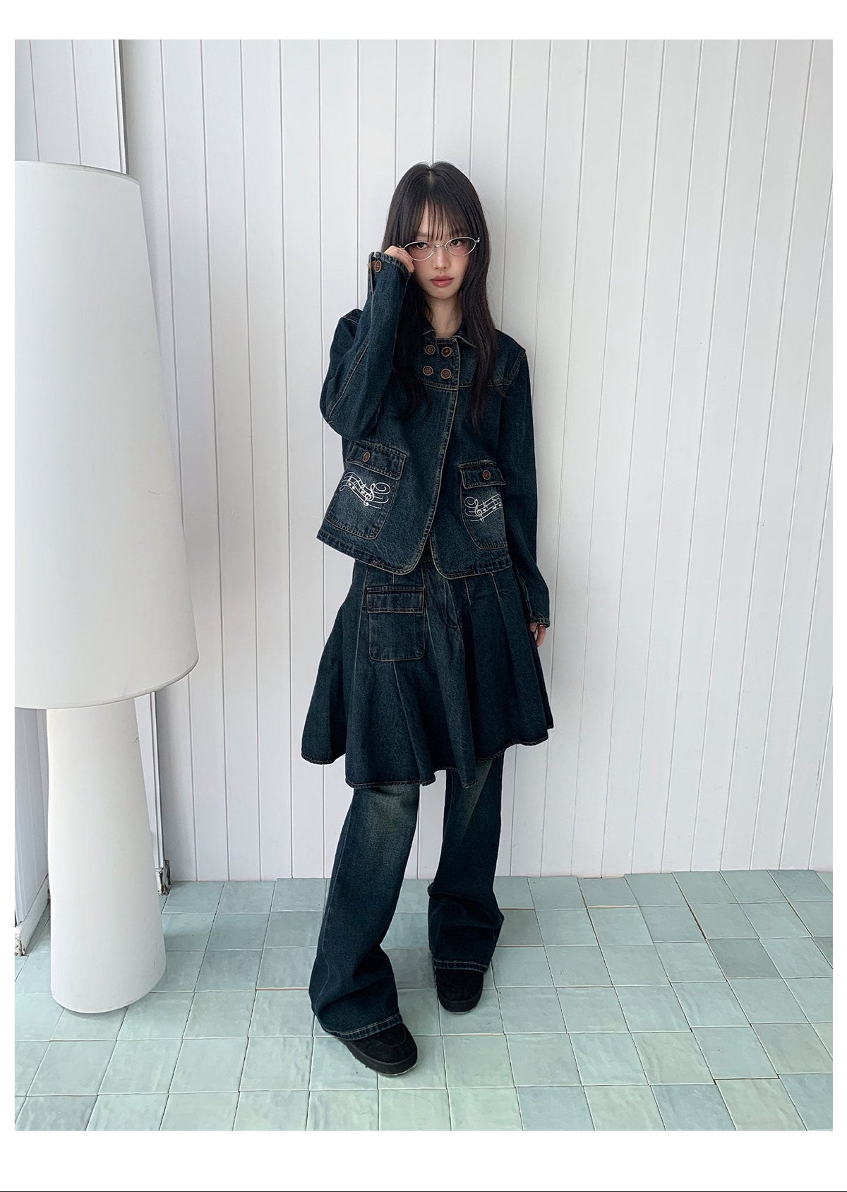 Washed Denim Utility Pleated Skirt