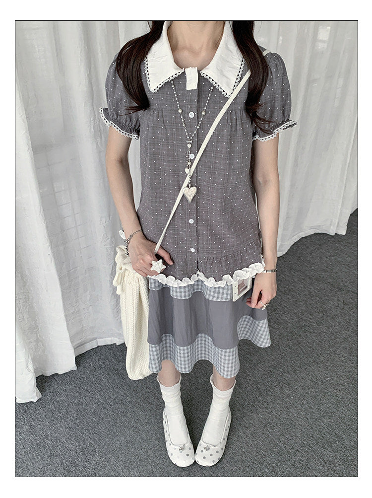 Polka Dot Peter Pan Collar Ruffle-Hem Blouse