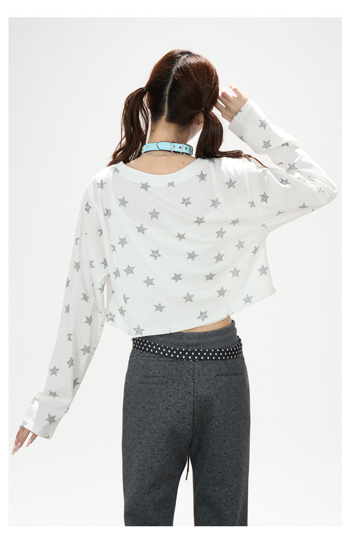Allover Star Cropped Long Sleeve Top & Dark Heather Gray Wide Leg Pants