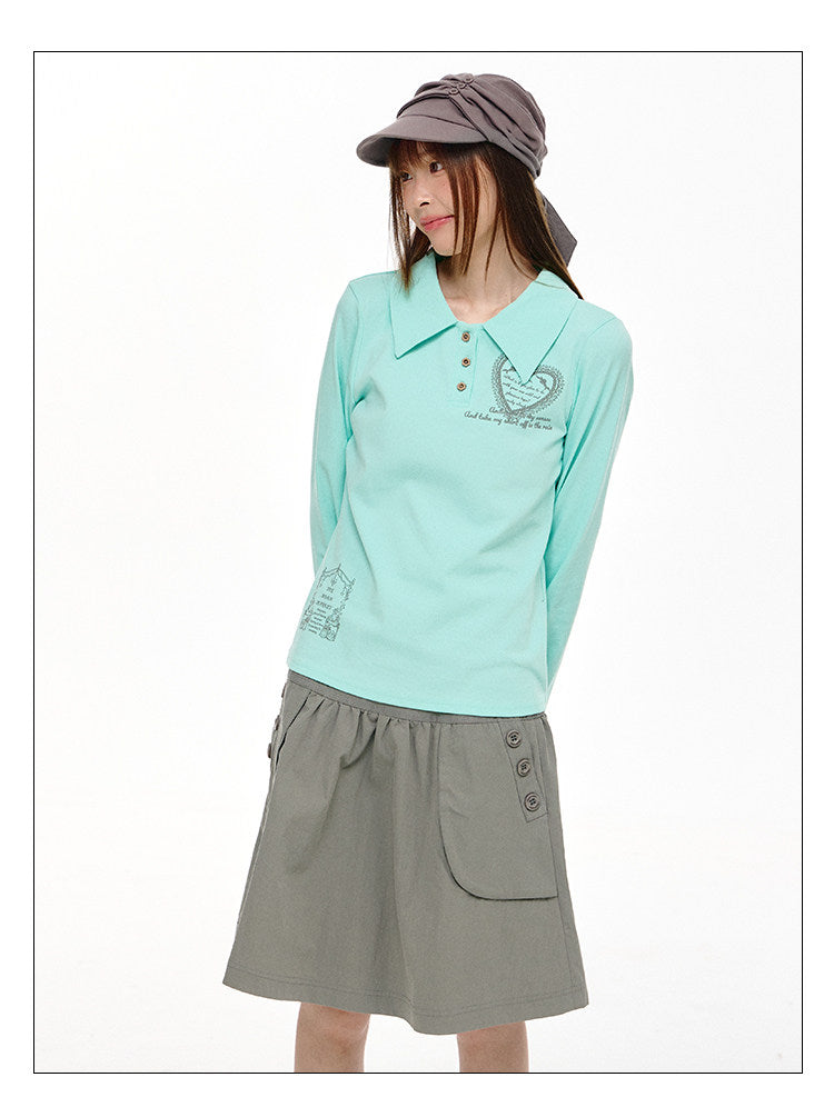 Mint Heart Graphic Long Sleeve Polo Top