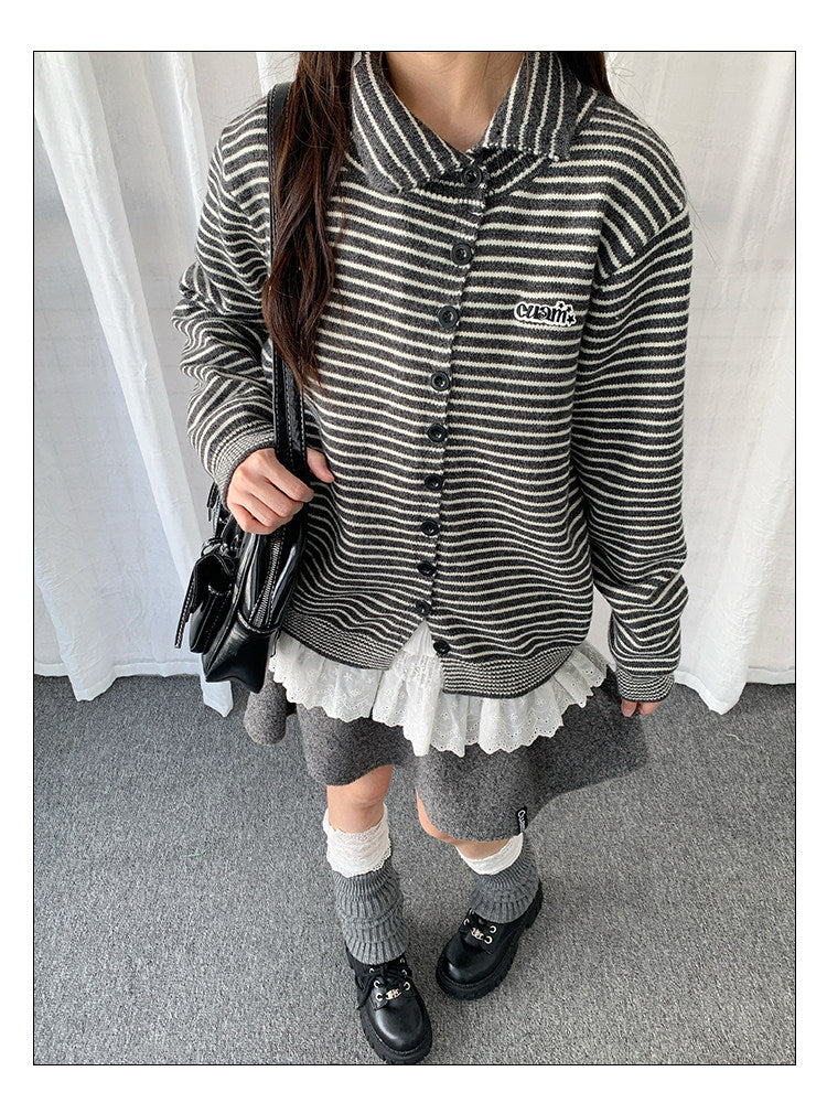 Striped Polo-Collar Knit Cardigan