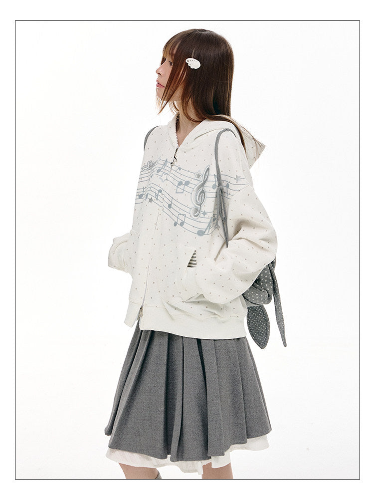 Gray Melody Polka Dot Graphic Zip Hoodie