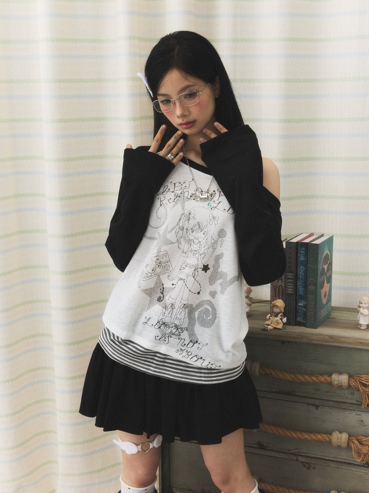 Anime Girl Asymmetric Layered Long Sleeve Top