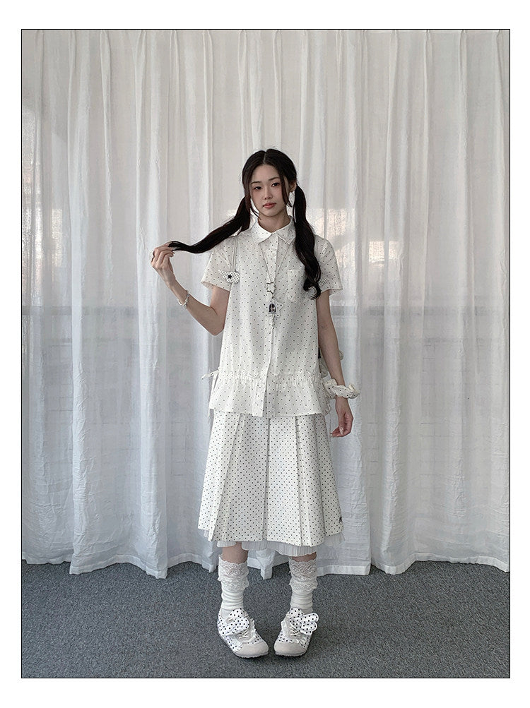 Polka Dot Ruffle-Hem Short Sleeve Shirt