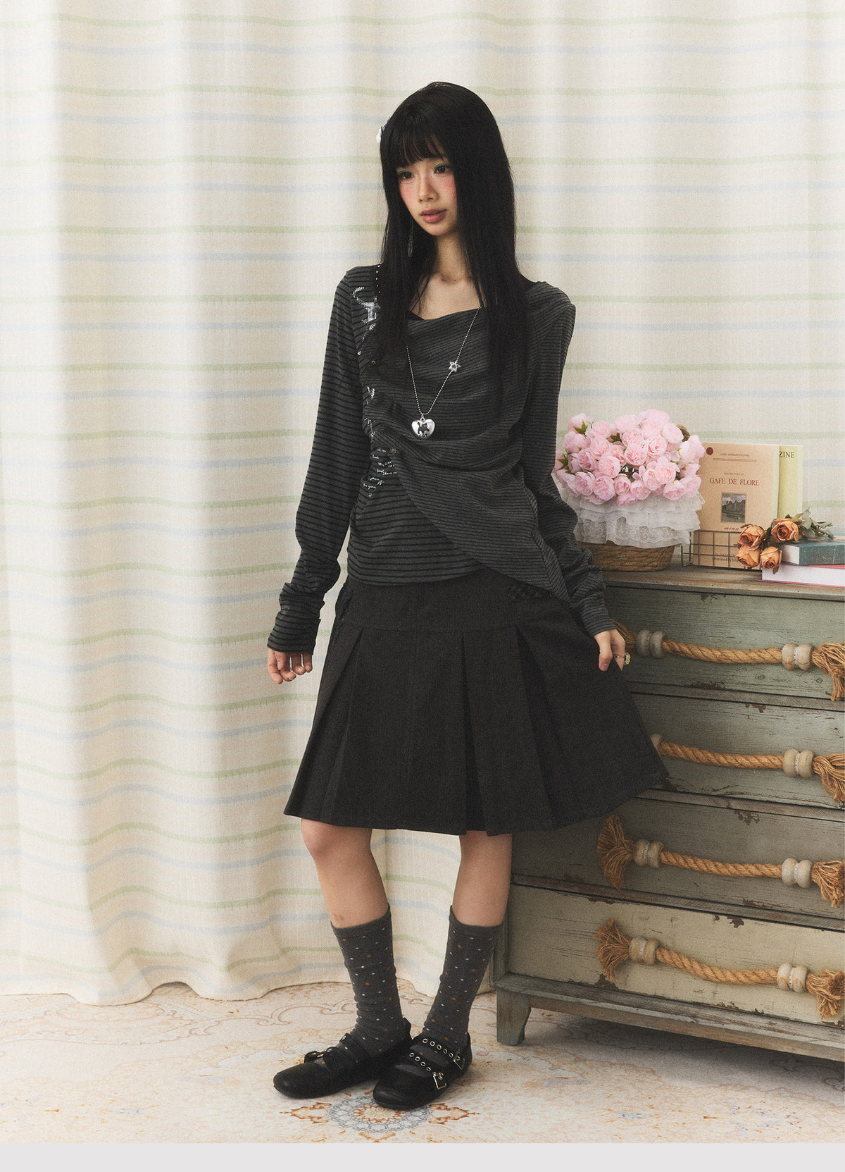 Charcoal Pleated A-Line Skirt