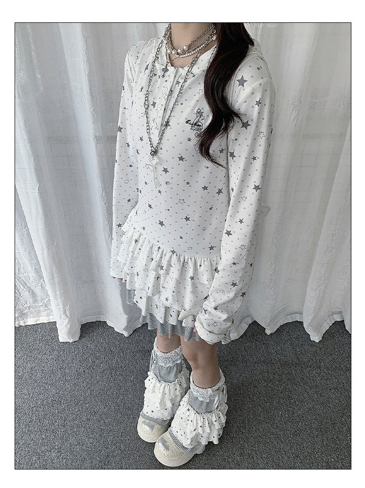 Star Print Ruffle-Hem Hooded Long Sleeve Top