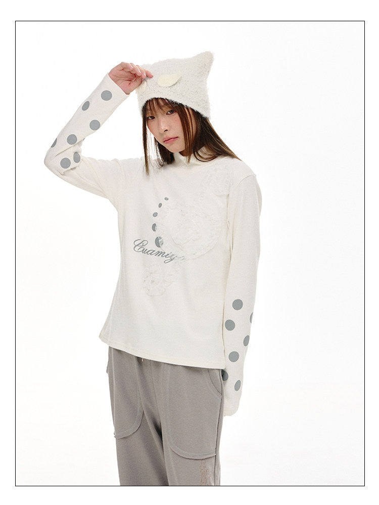 Lace Music Note Appliqué Mock Neck Long Sleeve Top