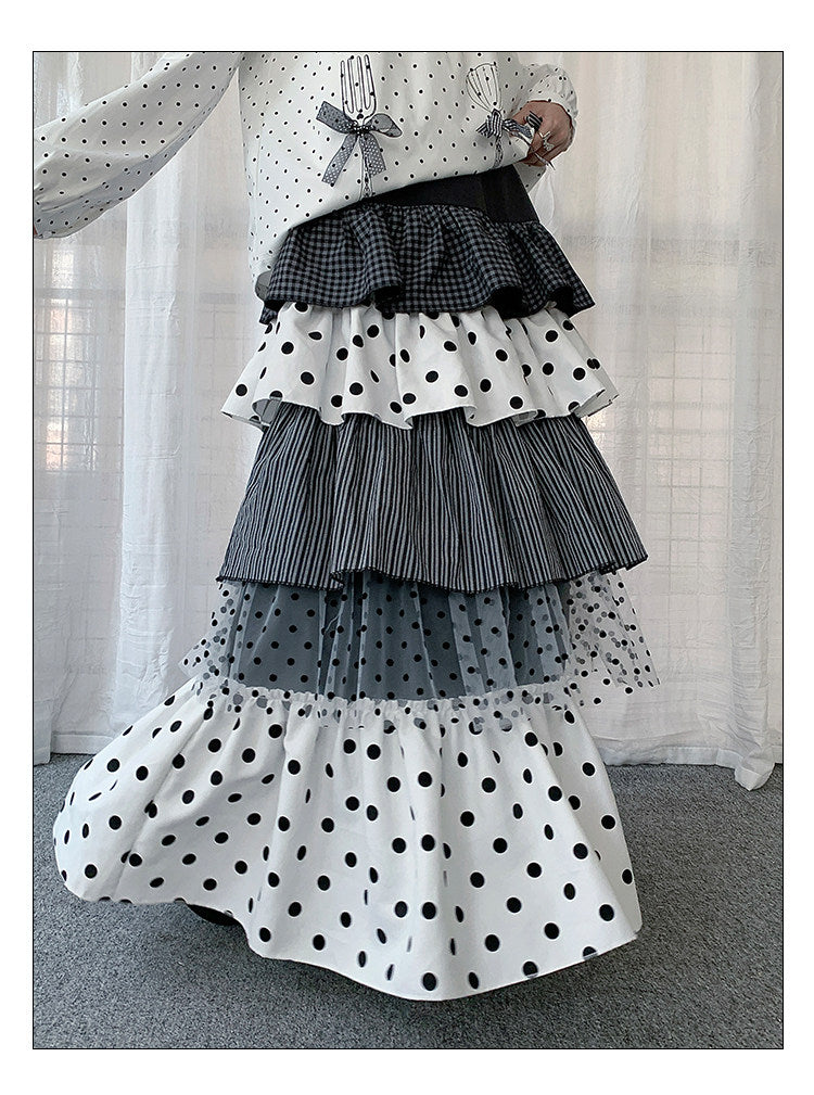 Mixed Polka Dot Plaid Tiered Maxi Skirt