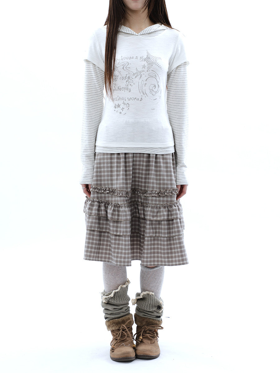 Plaid Ruffle-Tiered Midi Skirt