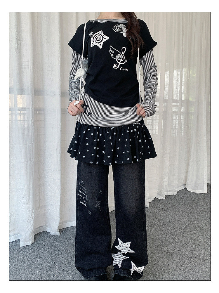 Star Appliqué Washed Wide-Leg Jeans