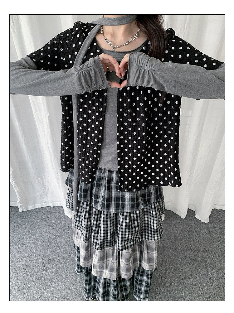Polka Dot Layered Scarf Long Sleeve Top