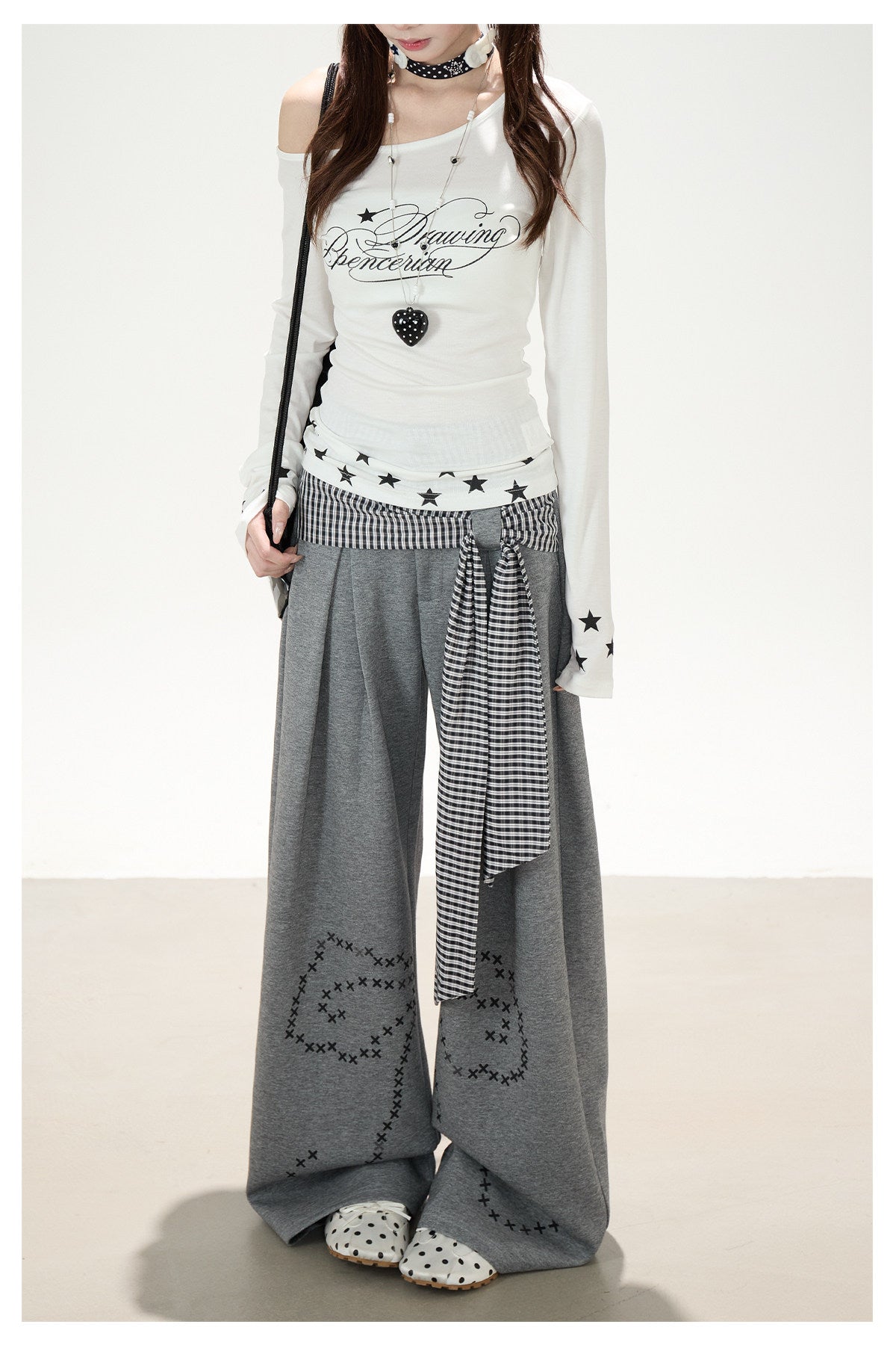 Plaid Tie-Panel Wide-Leg Sweatpants