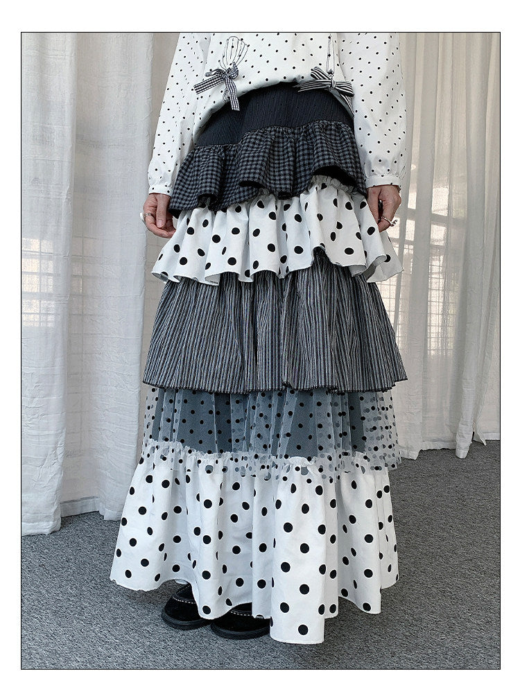 Mixed Polka Dot Plaid Tiered Maxi Skirt